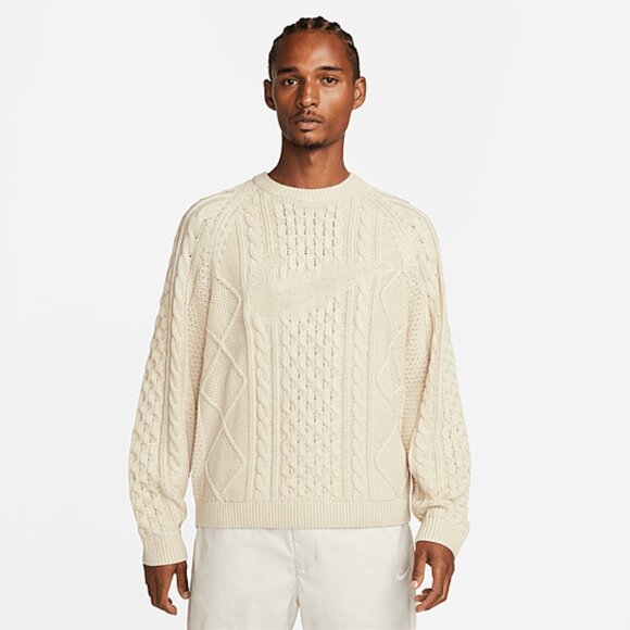 Nike Life Cable Knit Sweater Rattan Mens XS Swoosh Tan Crew Neck Swoosh